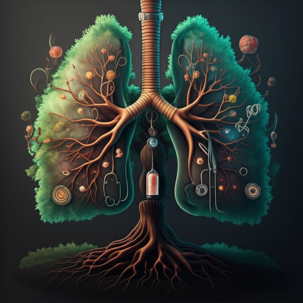 Illustration of lung biopsy with tree and medical instruments