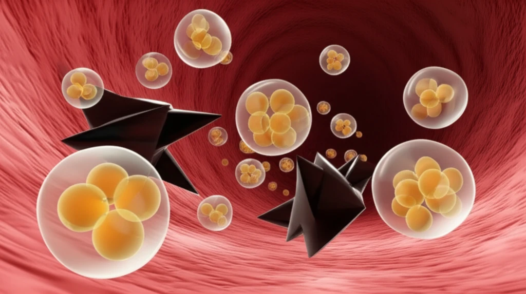 Microscopic view of lipid emulsion molecules neutralizing anesthetic toxicity.