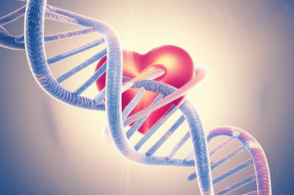 DNA strand intertwining with a child's heart, symbolizing genetic influence on Kawasaki Disease.