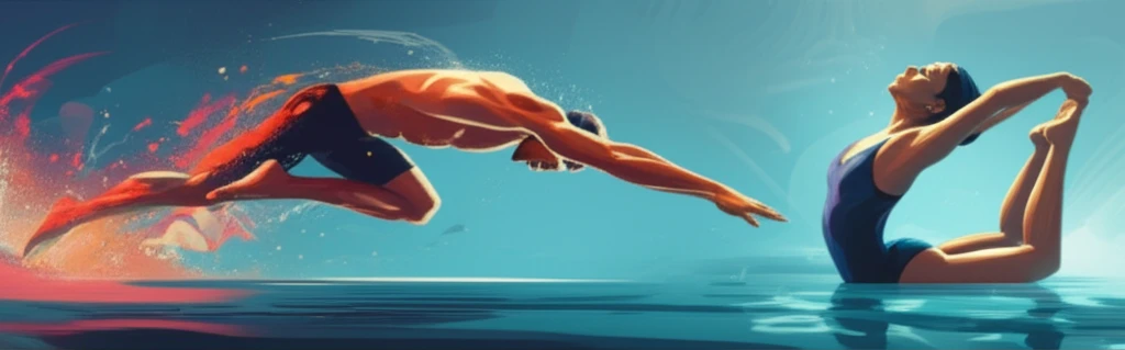 Male and female swimmers demonstrating power exercises and dynamic stretching, respectively