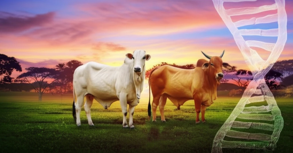 Nellore and Curraleiro Pé-Duro cattle in a tropical pasture, symbolizing crossbreeding for improved meat quality.