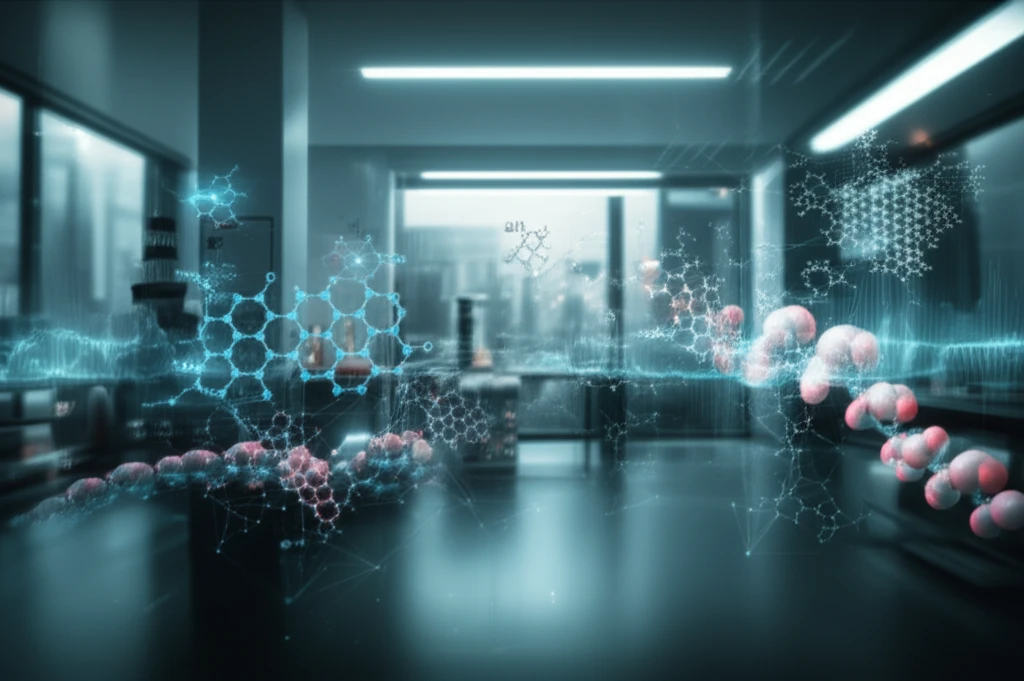 AI algorithms optimizing polymer synthesis in a lab.