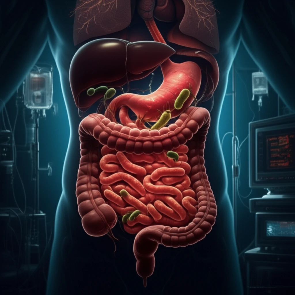 Digital illustration of necrotizing fasciitis affecting the abdomen due to diverticulitis, highlighting bacterial infection and tissue damage.