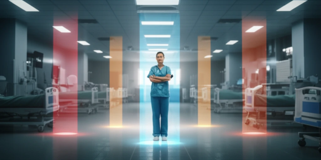 A nursing student surrounded by glowing pillars representing sources of self-efficacy.