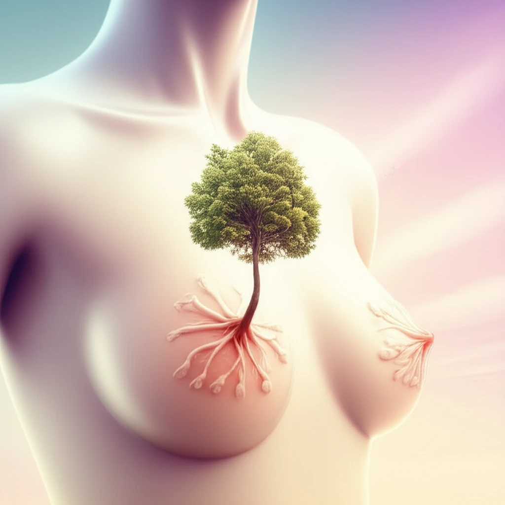 Glowing breast with a tree, representing growth and health in breast cancer awareness.