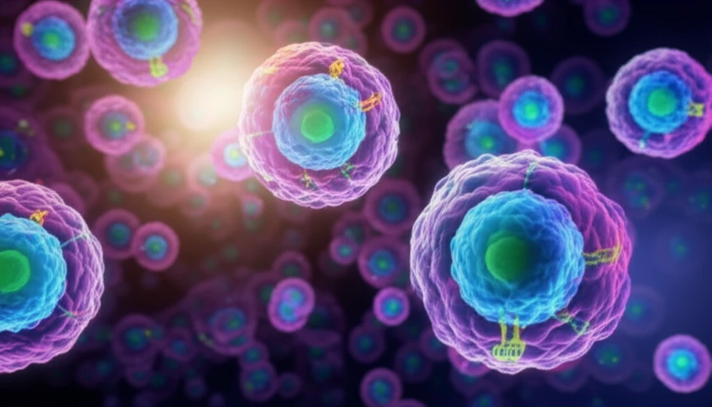 Microscopic view of colorectal cancer cells with highlighted NG2 markers, representing targeted therapy.