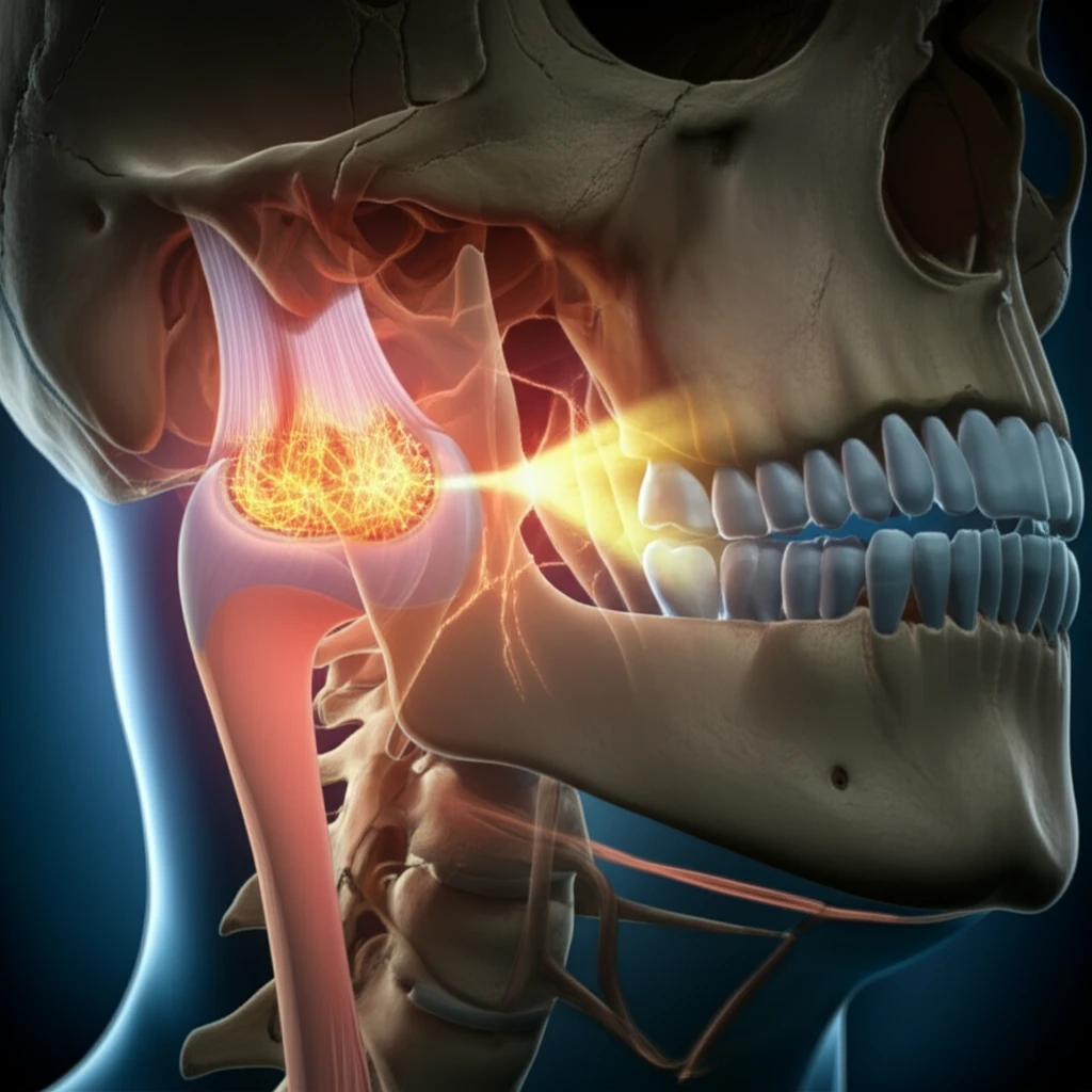 Illustration of stressed jaw joint cartilage leading to bone destruction.