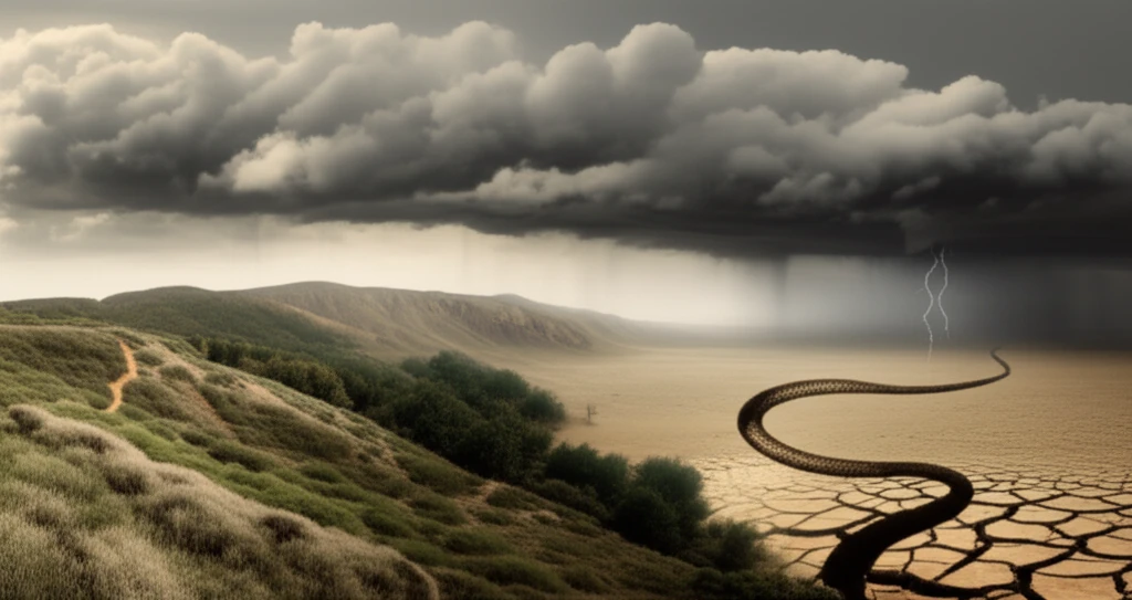 Surreal illustration of California landscape showing the link between drought, rain, and snakebites.