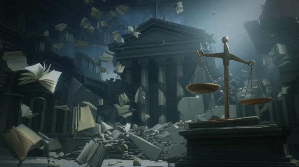 Broken scales of justice in front of a crumbling courthouse.