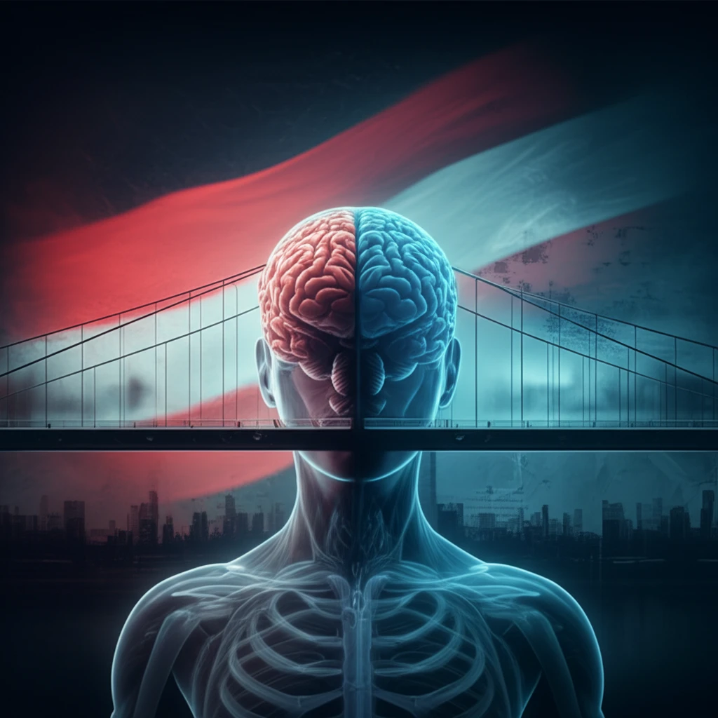 Interconnected brain and body symbolizing psychosomatic medicine, set against an Austrian cityscape.