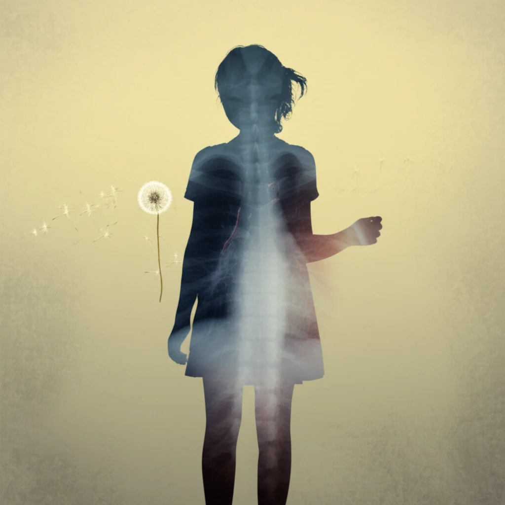 Child's silhouette filled with lung X-ray landscape showing TB bacteria.