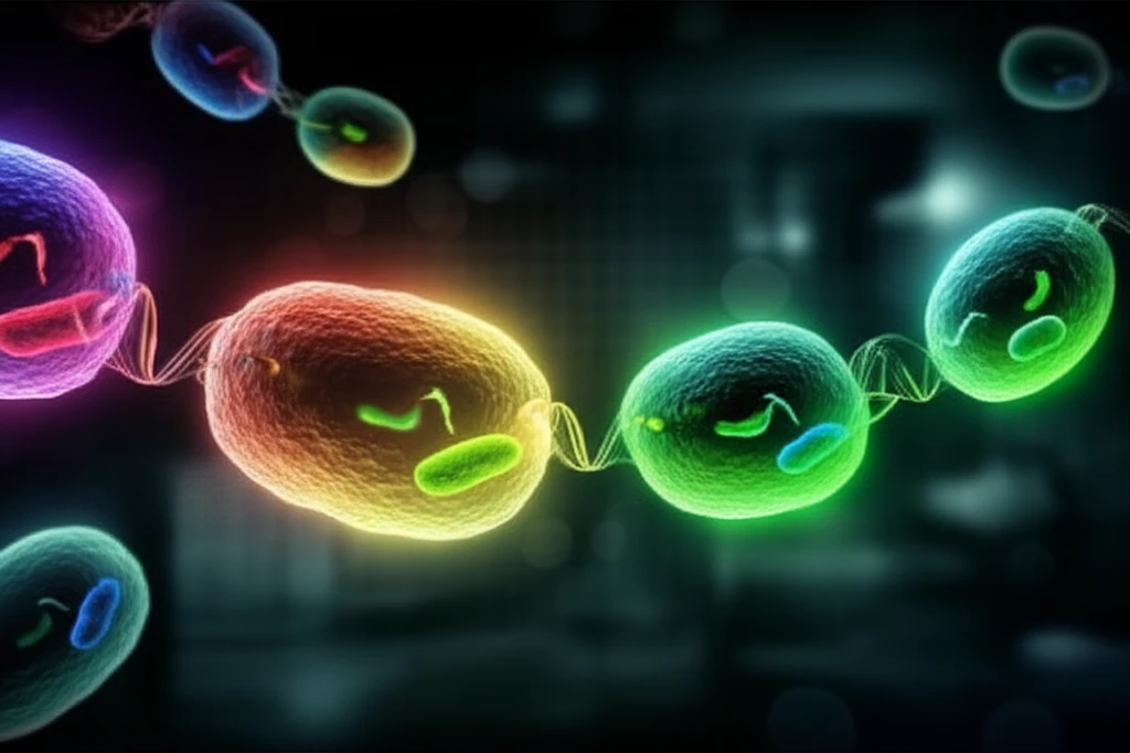 Surreal illustration of bacterial cells exchanging glowing plasmids, emphasizing the role of antirestriction proteins in gene transfer.