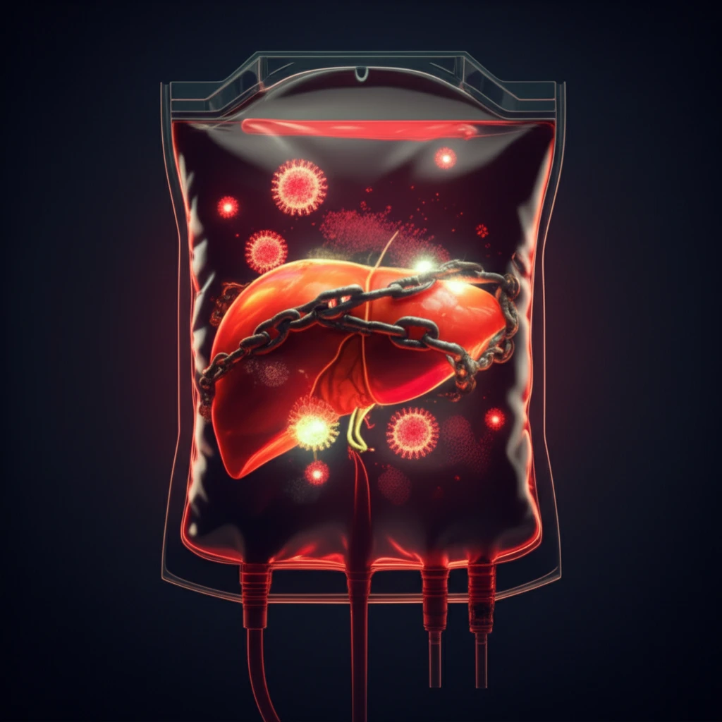 Surreal illustration balancing iron overload, hepatitis C virus, and thalassemia in liver health.