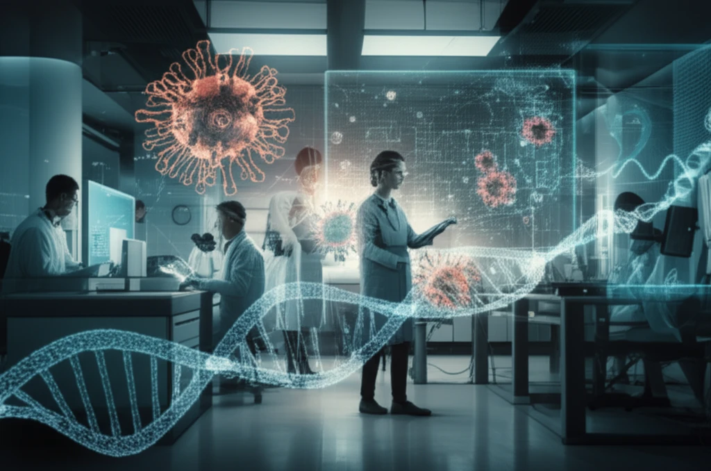 Scientists collaborate in a high-tech lab, developing a vaccine for Zika virus using digital models.