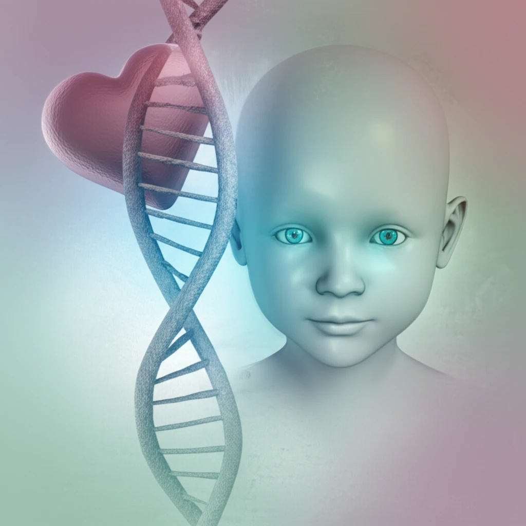A child surrounded by a DNA helix and a heart, symbolizing 18q deletion syndrome and its impact on heart health.