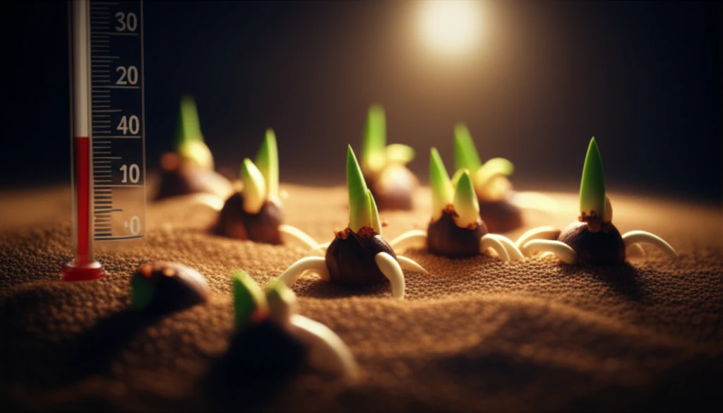 Epiphyllum oxypetalum seeds germinating in sand under soft light
