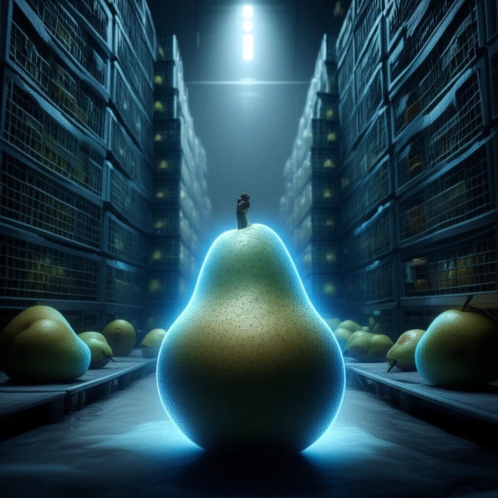 Pears in cold storage with blue glow symbolizing freshness.