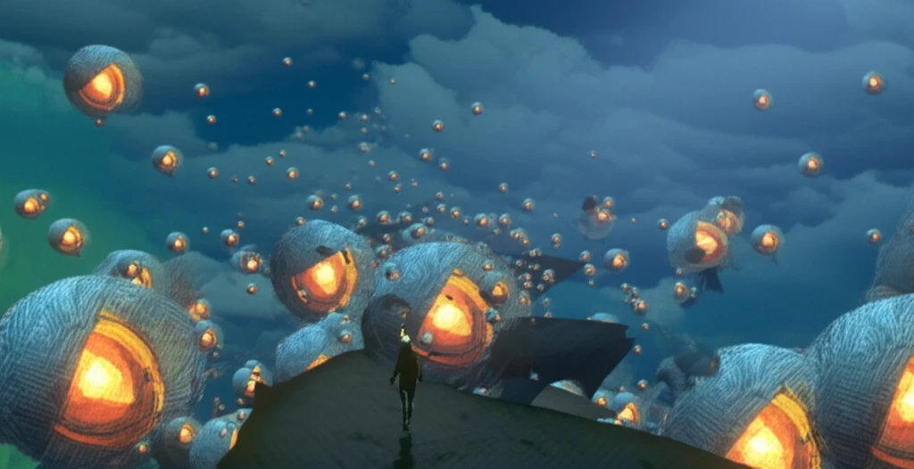 Person juggling glowing orbs while walking on a path, representing divided attention and motor skill learning.