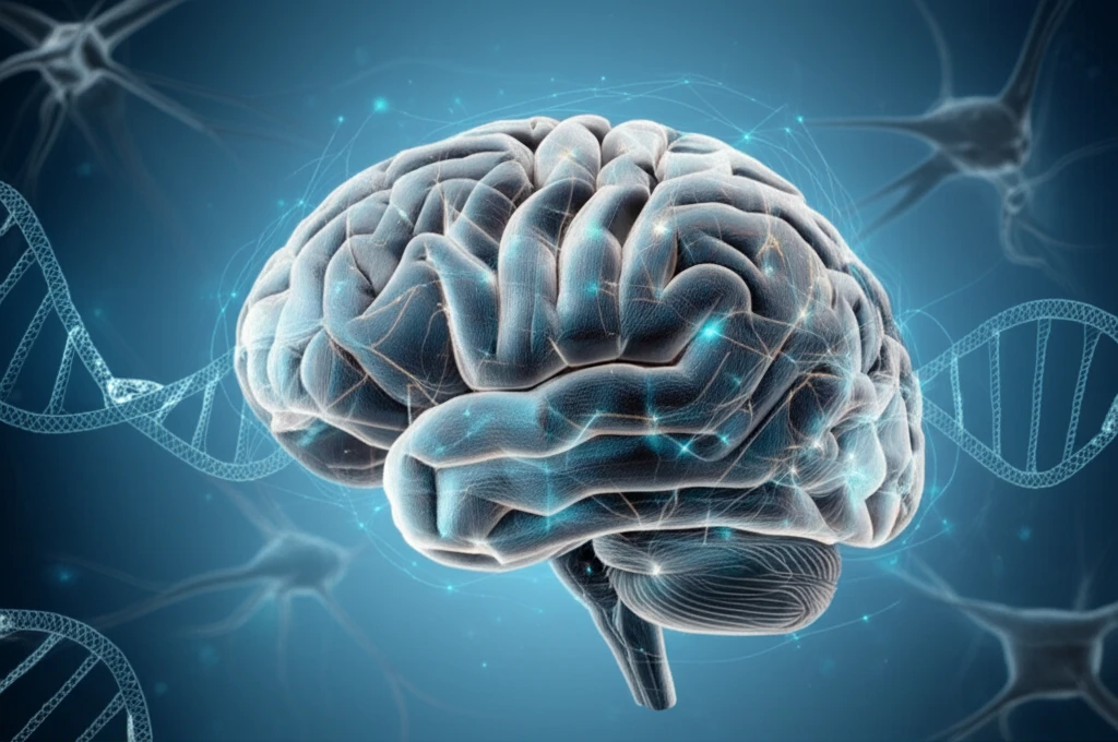 Brain with interconnected metabolic pathways and DNA strings, symbolizing schizophrenia research.