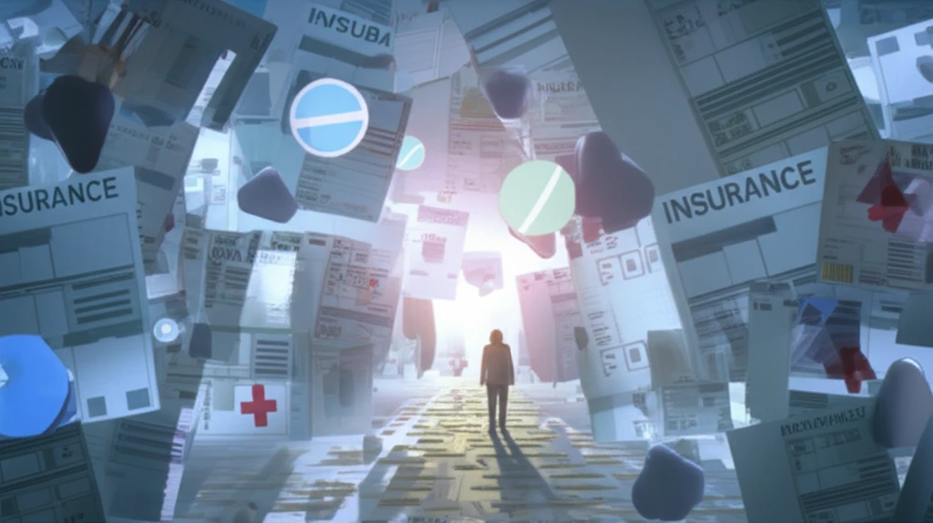 A person navigating a maze of medical bills to reach health.