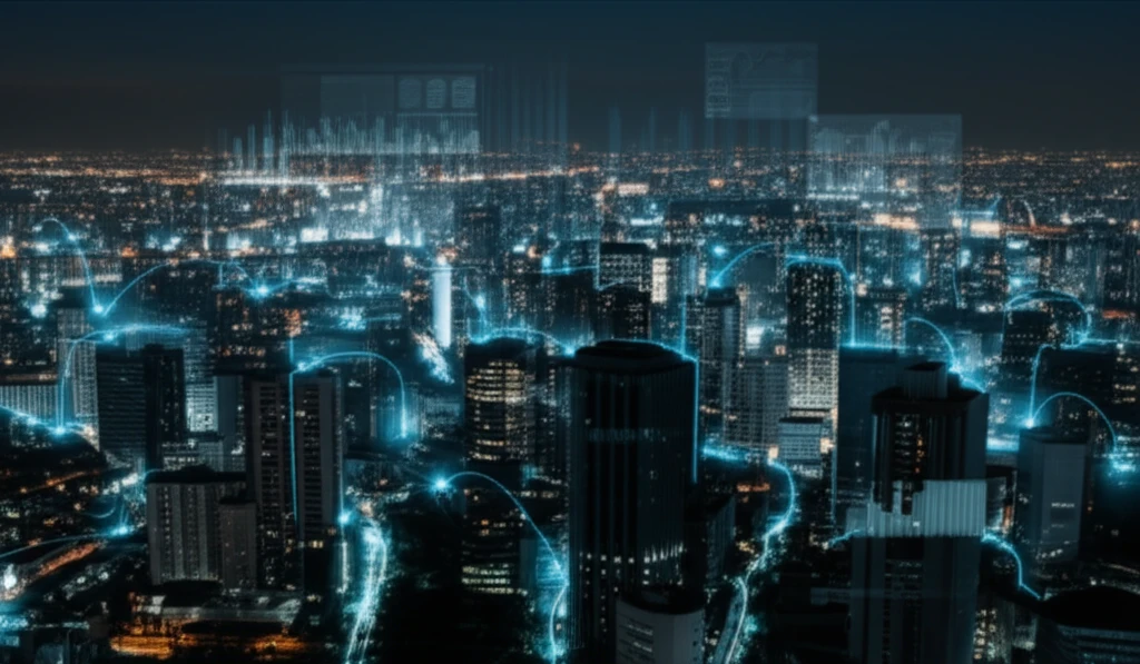 Futuristic city skyline with glowing energy lines representing smart energy distribution.