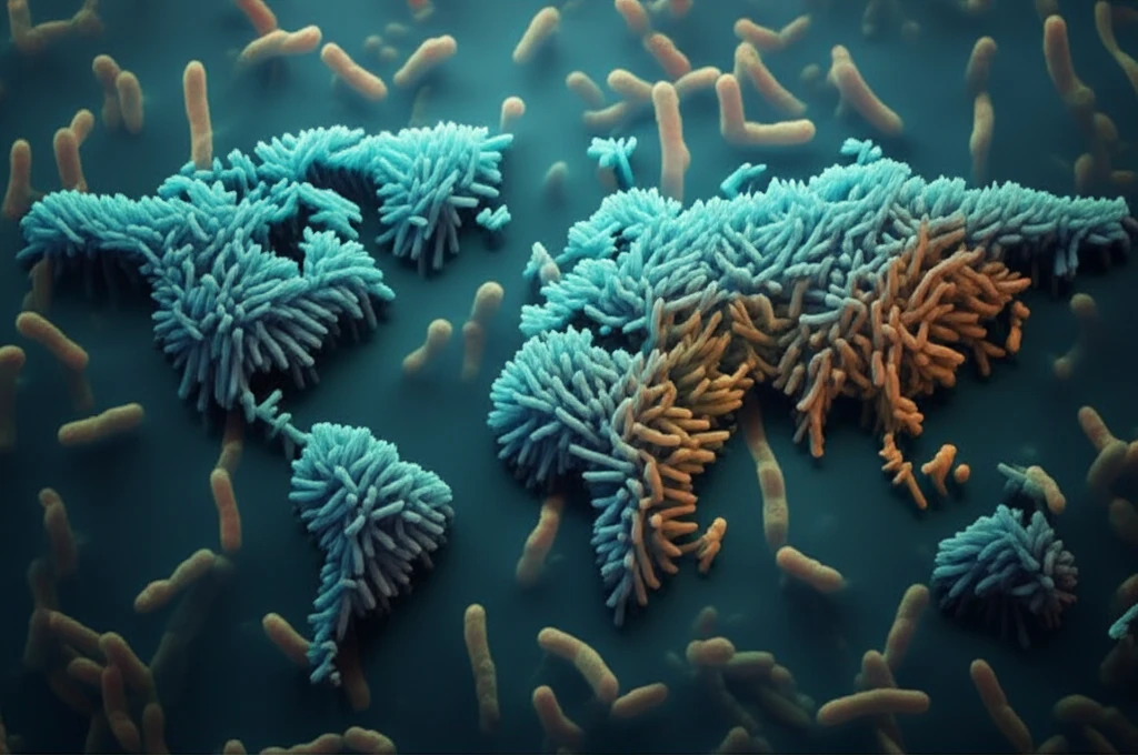 Microscopic view of Mycobacterium tuberculosis bacteria transforming into a world map, symbolizing the global reach of tuberculosis.