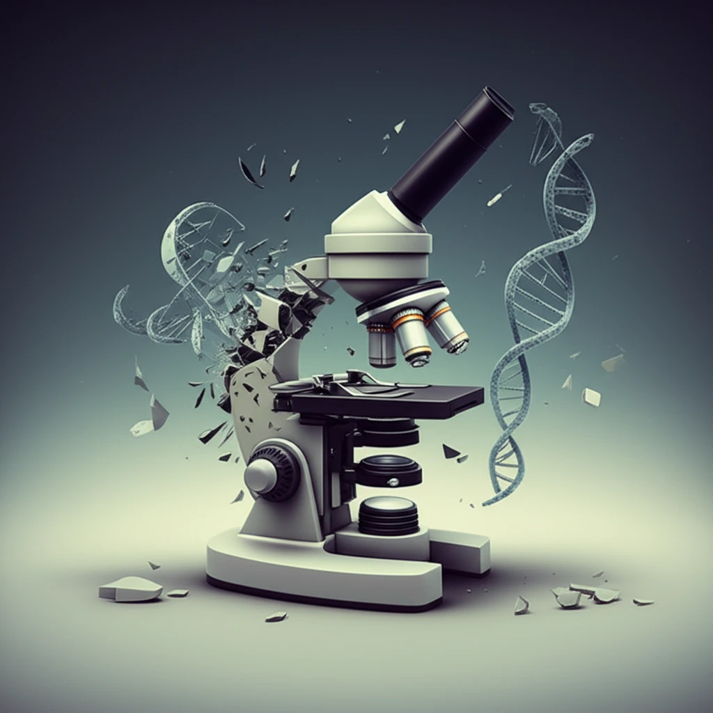 Shattered microscope with unraveling DNA, symbolizing retracted scientific findings.