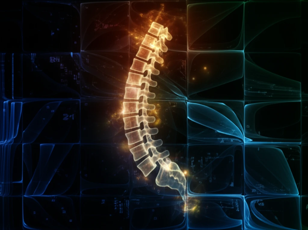 Symbolic image of a spine with glowing segments representing metastatic spine tumor and a complex scoring system for survival prediction.