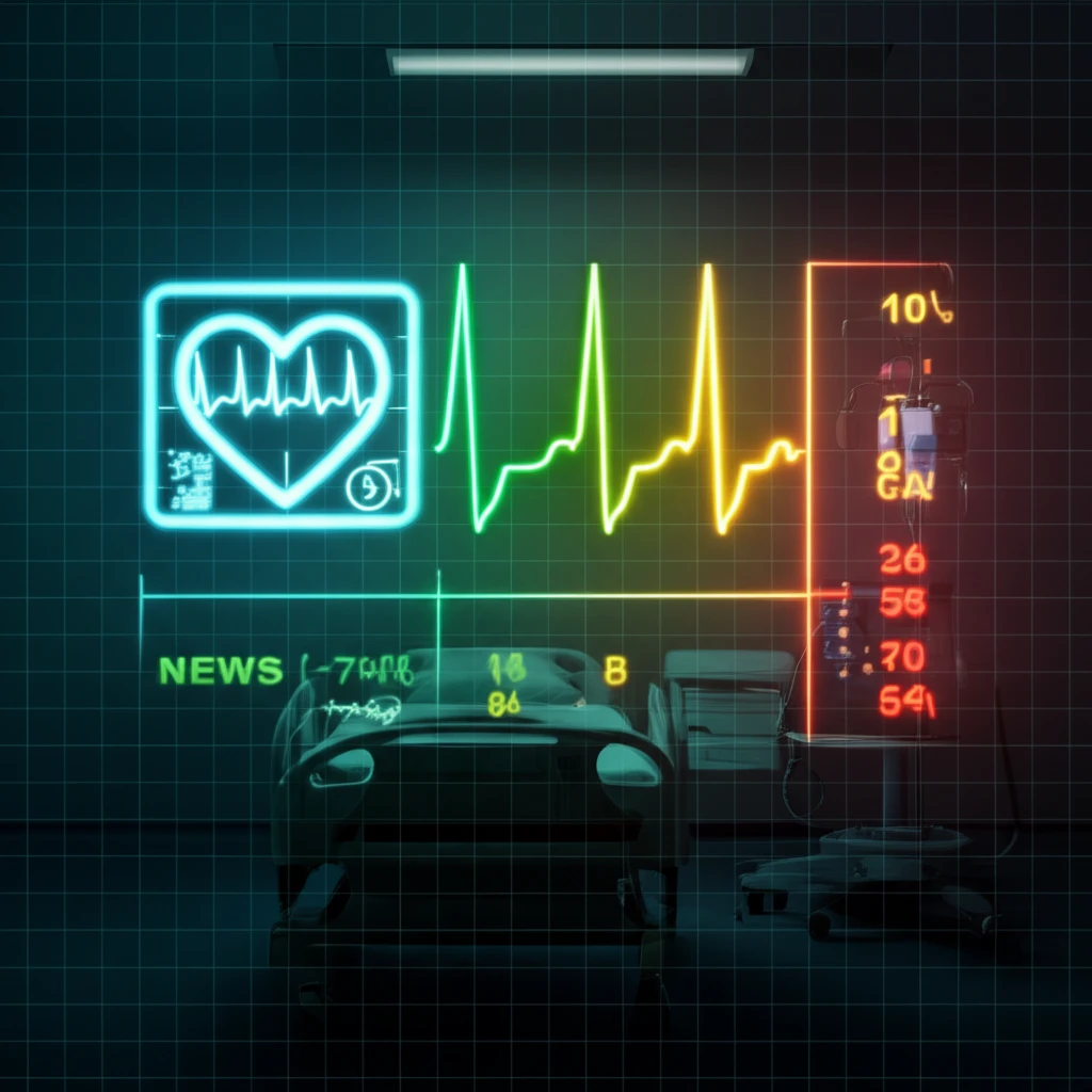 Stylized hospital ward with heart monitor and NEWS scoring system.
