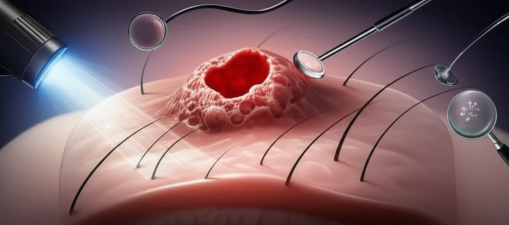 Illustration of a red crateriform tumor on the scalp.