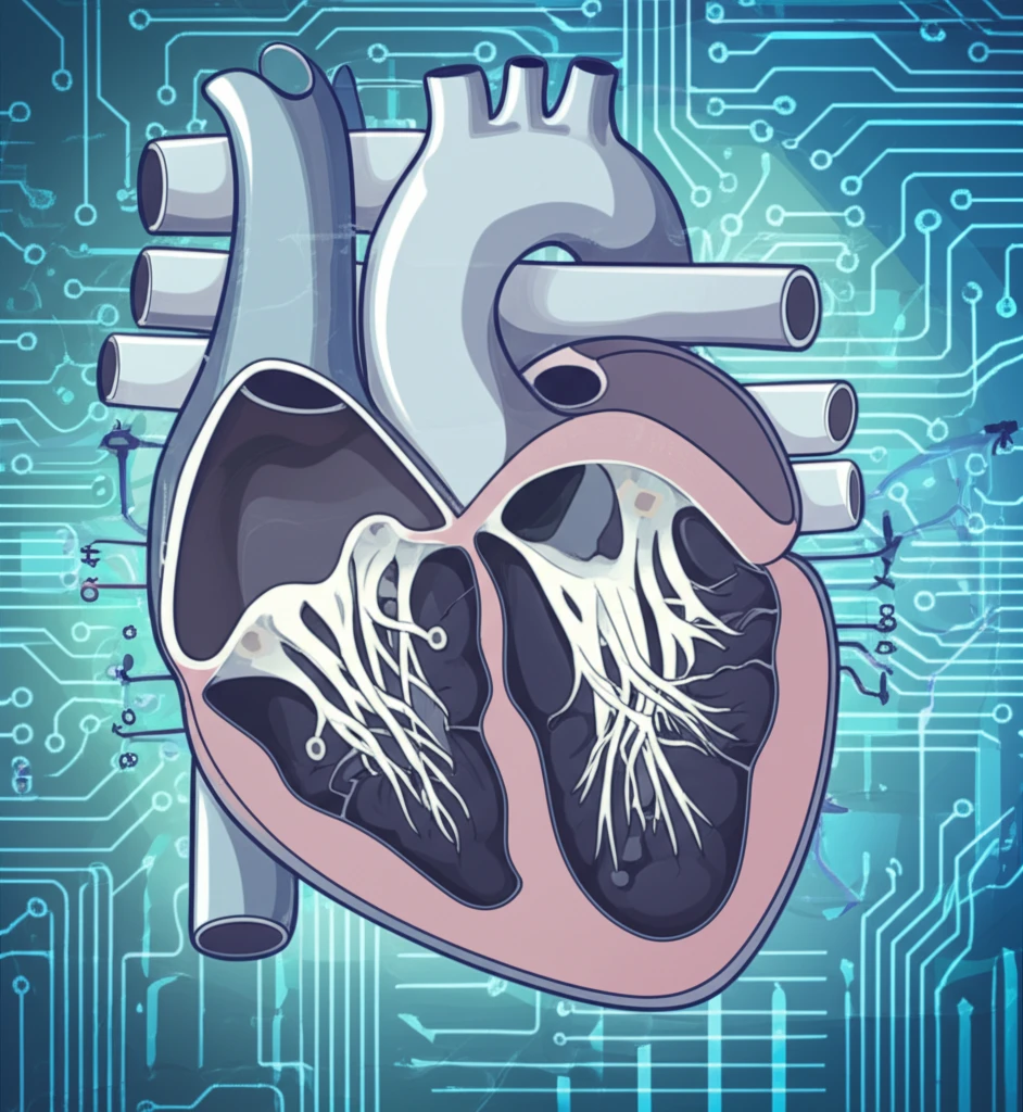 Surreal illustration of a heart with right and left ventricles, symbolizing univentricular heart condition and surgical interventions.
