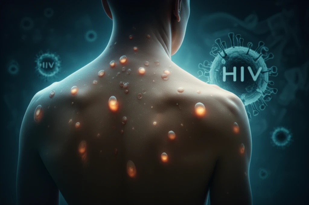 Ethereal illustration of skin blisters with HIV particles, symbolizing the link between EBA and retroviral disease