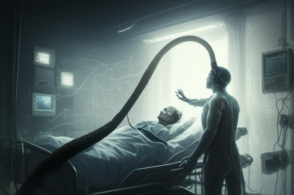 ICU patient reaching for recovery, blocked by endotracheal tube.