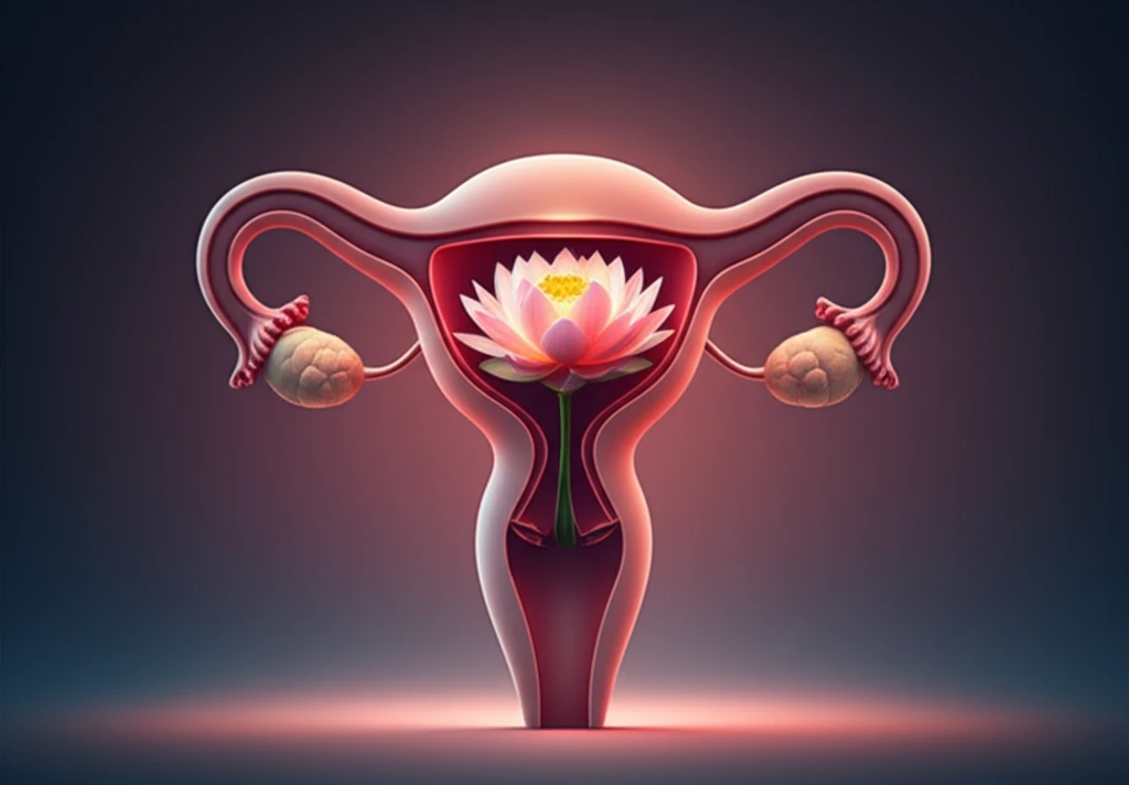 Lotus flower blooming inside a stylized uterus, symbolizing hope and healing in endometrial cancer treatment.