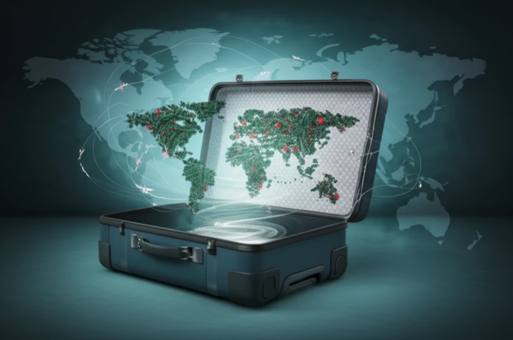 Global spread of antibiotic-resistant bacteria visualized as bacteria-shaped continents swirling out of an open suitcase, symbolizing the connection between travel and the spread of infection.