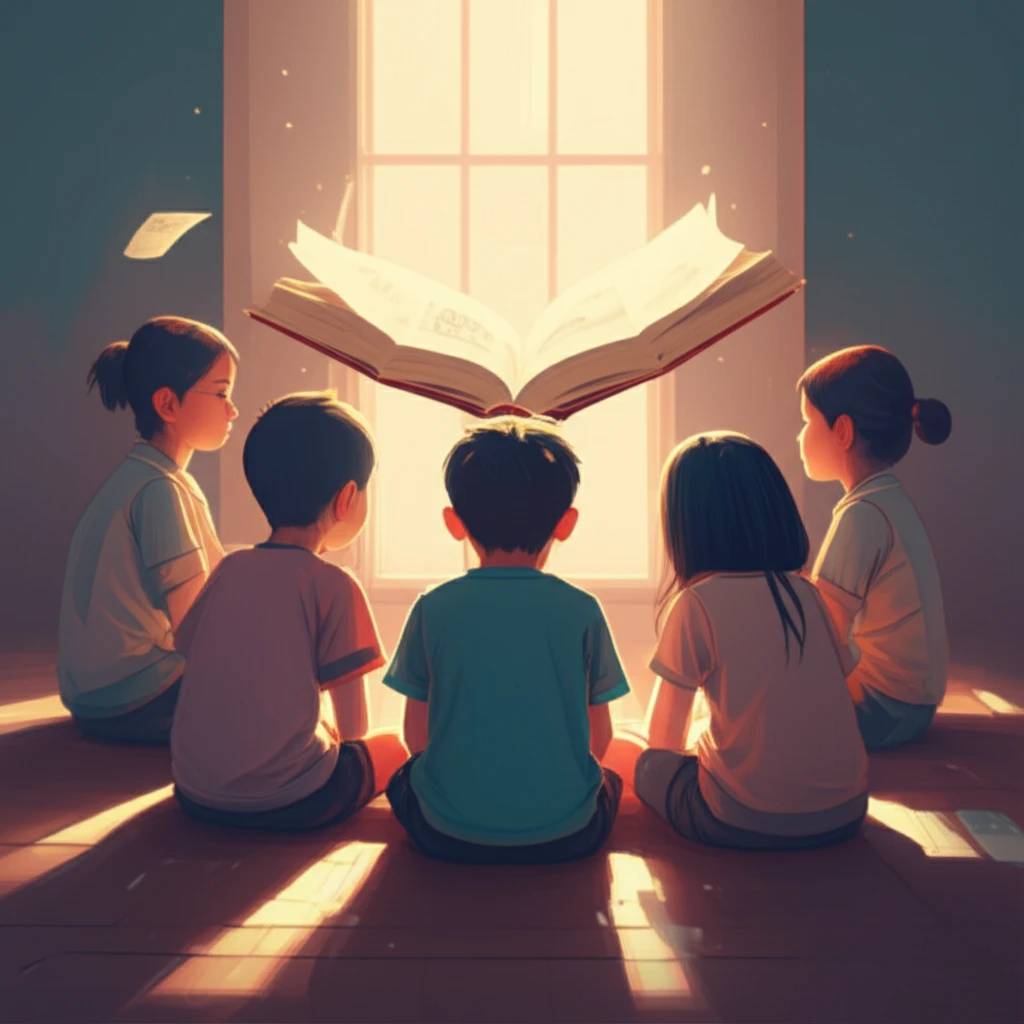 Diverse group of children reading an inclusive book together.