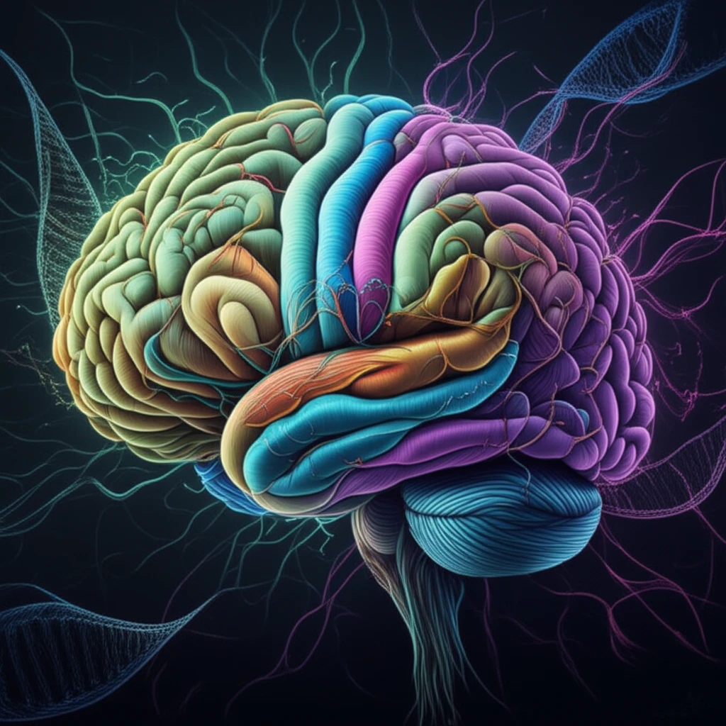 Abstract illustration of a brain composed of RNA strands, symbolizing RNA regulation in brain development.