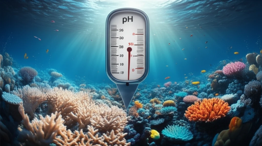 Bleached coral reef with a giant, wavering pH meter in the background.