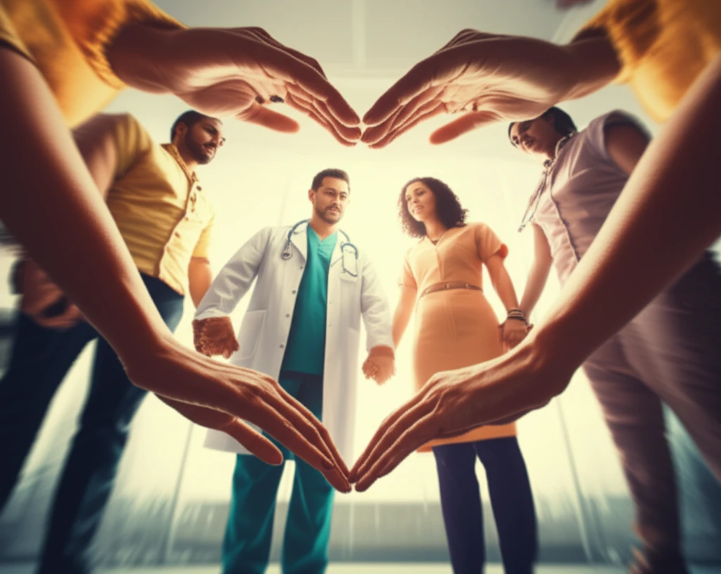 Diverse hands forming a heart shape symbolizing relationship-centered care.