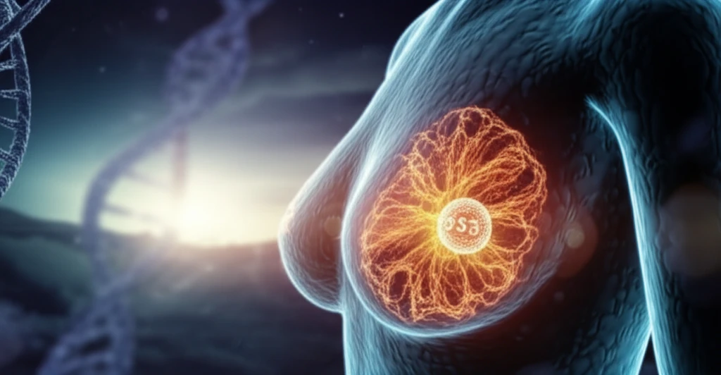 Microscopic view of a breast cancer cell with a glowing p53 protein.