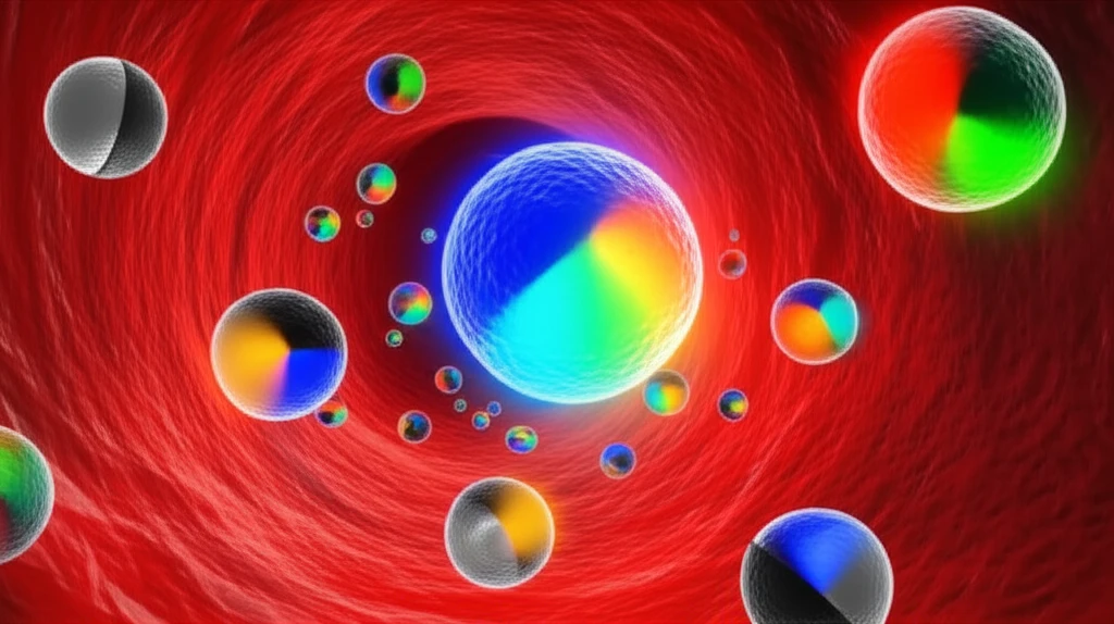 Surreal illustration of Janus particles in bloodstream.