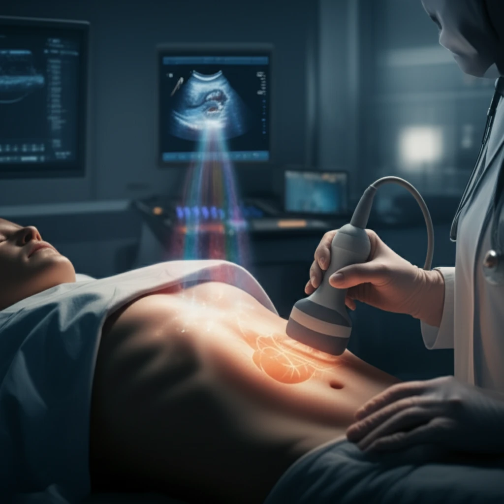 Doctor using point-of-care ultrasound to diagnose a patient's heart condition.