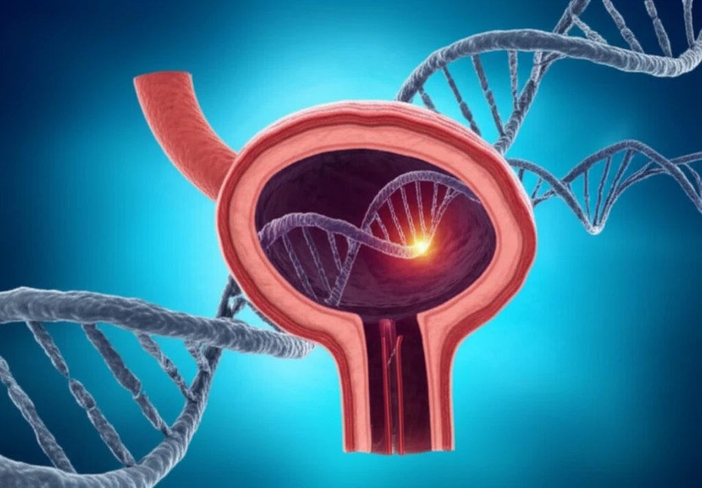 Digital illustration of a bladder with DNA strands, symbolizing genetic breakthroughs in cancer detection.