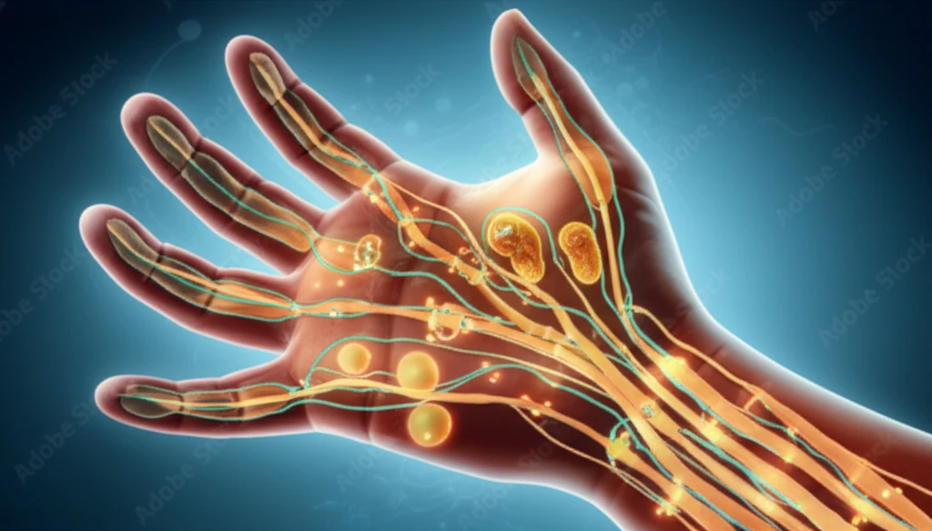Surreal illustration linking Dupuytren's contracture with the renin-angiotensin system and embryonic stem cells.