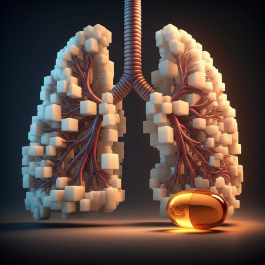 Surreal illustration of lungs intertwined with sugar cubes, illuminated by a vitamin C capsule, representing the impact of hypoxia on blood sugar and potential protective effects of Vitamin C.