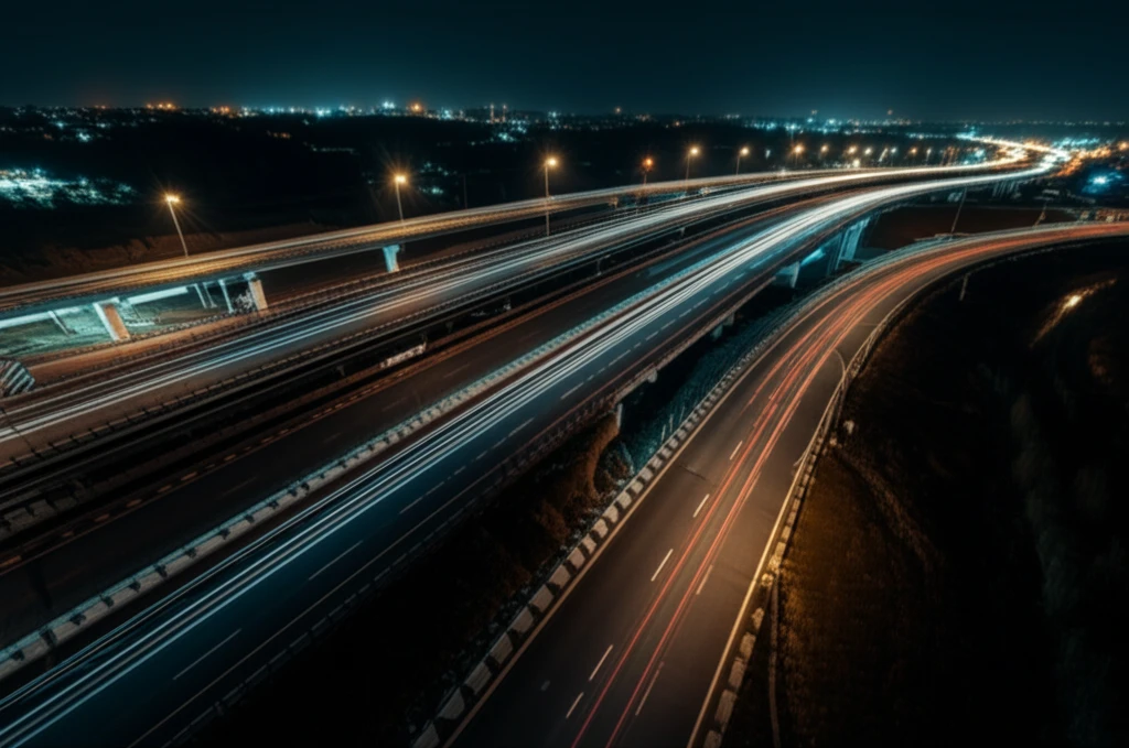 Glowing speed lines on a freeway diverging segment illustrate traffic flow.