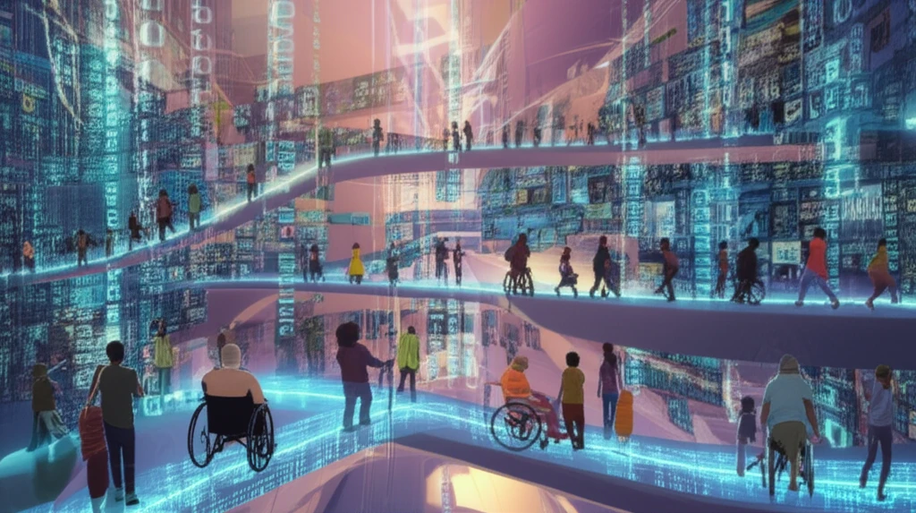 Diverse group accessing a vibrant web symbolizing web accessibility.