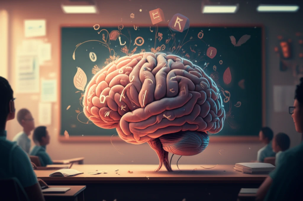 Brain with language symbols growing in a classroom