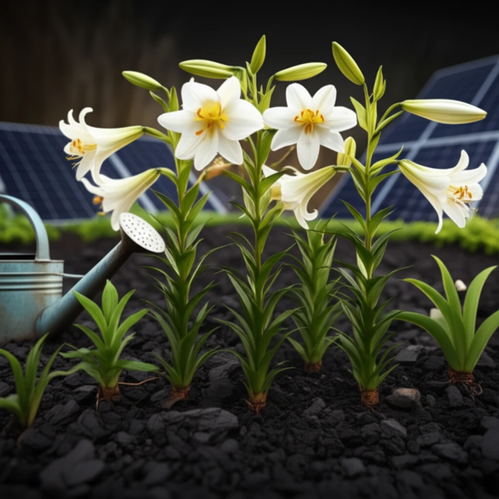 Easter lilies growing in biochar-amended soil, symbolizing sustainable gardening.