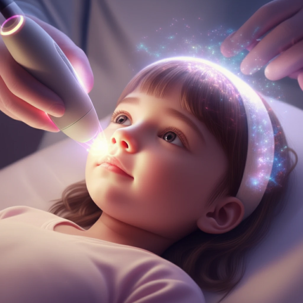 Child receiving gentle laser light therapy for oral mucositis